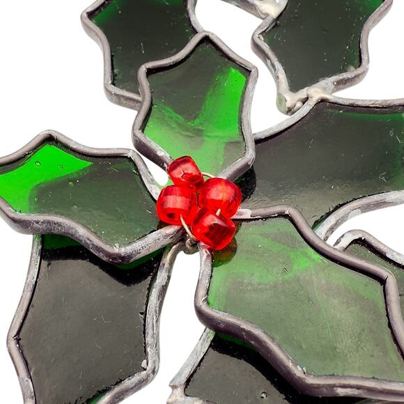 Handmade Vintage 12" Stained Glass Christmas Holiday Wreath Green/Red Decor - Picture 7 of 9